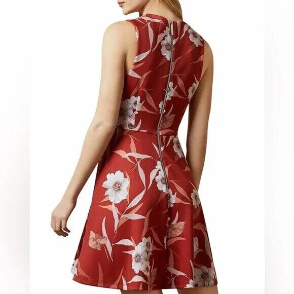 Ted Baker Enyaa Floral Skater Dress Fit Flare Sleeveless V Neck Red Zip … - Picture 2 of 10